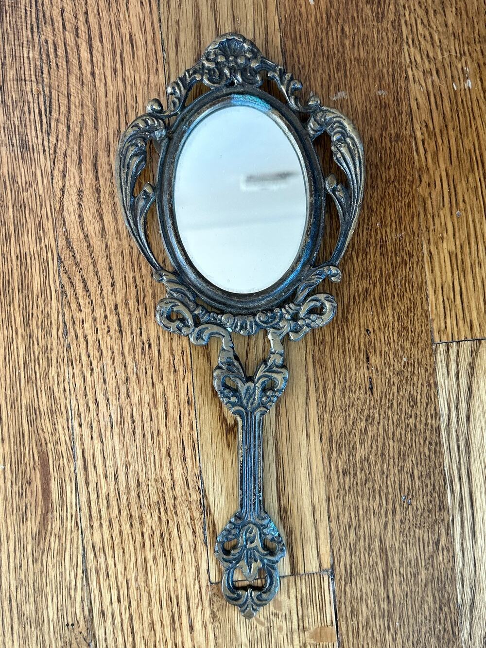 Vintage Ornate Brass Hand Mirror, Rococo Style Oval Vanity Mirror